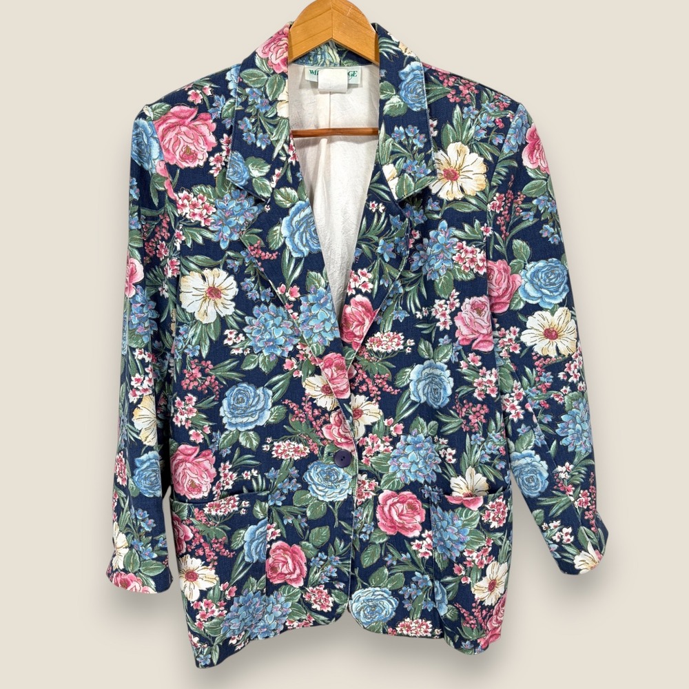 Vintage Willow Ridge Floral Blazer Jacket Women Medium Blue Pink Black Cotton
